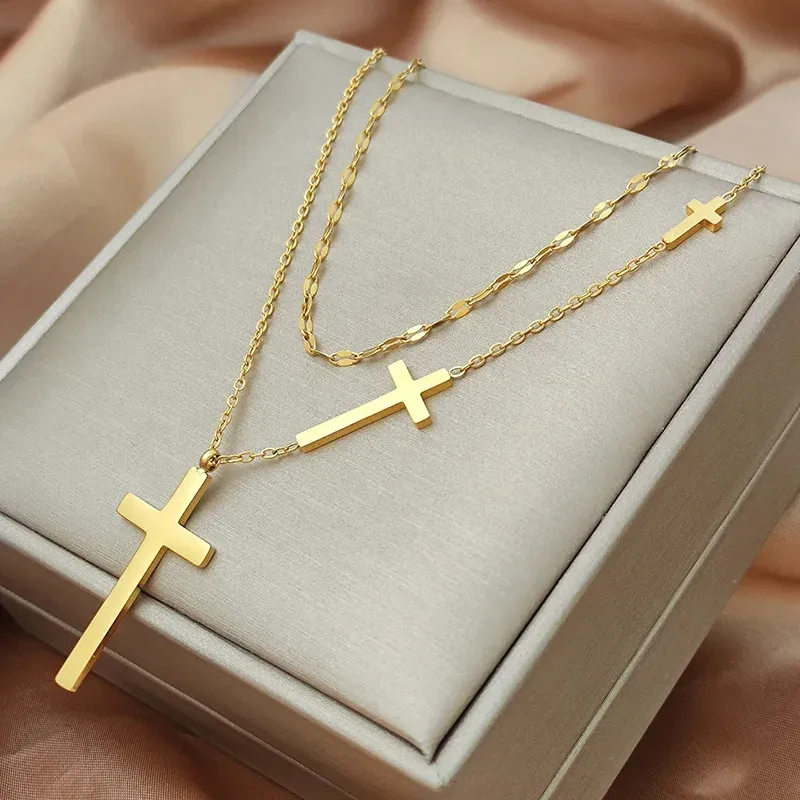 Women's All-match Double Layer Cross Necklace Gold
