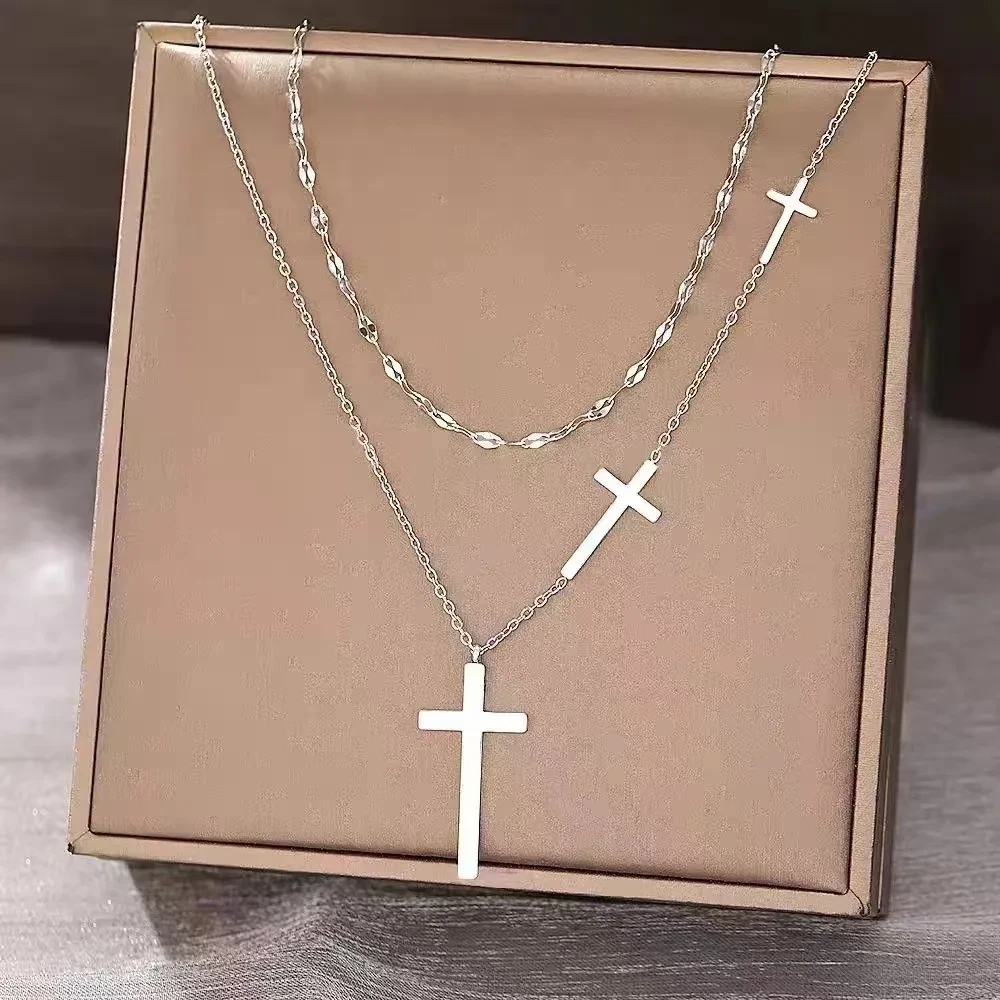Women's All-match Double Layer Cross Necklace Silver