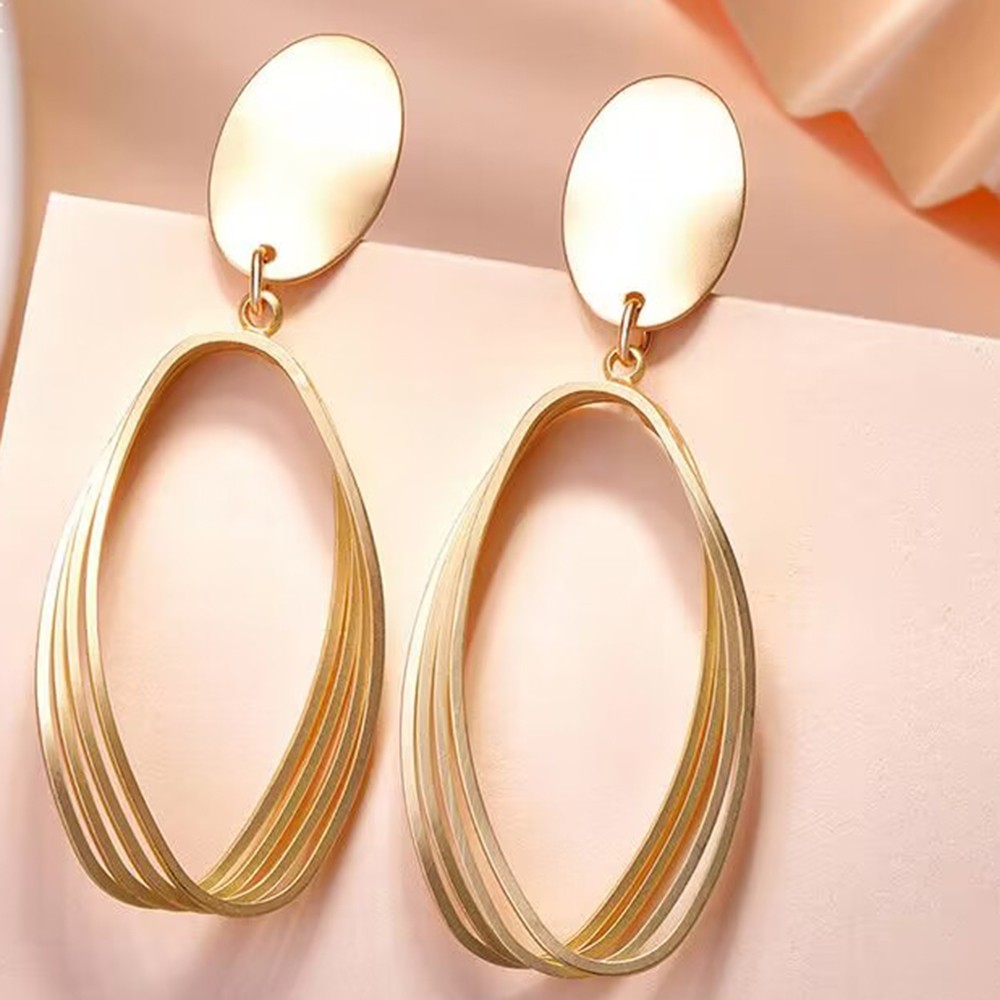 New Geometry Retro Metallic Gold Color Multiple Oval Pendant Clip Earrings