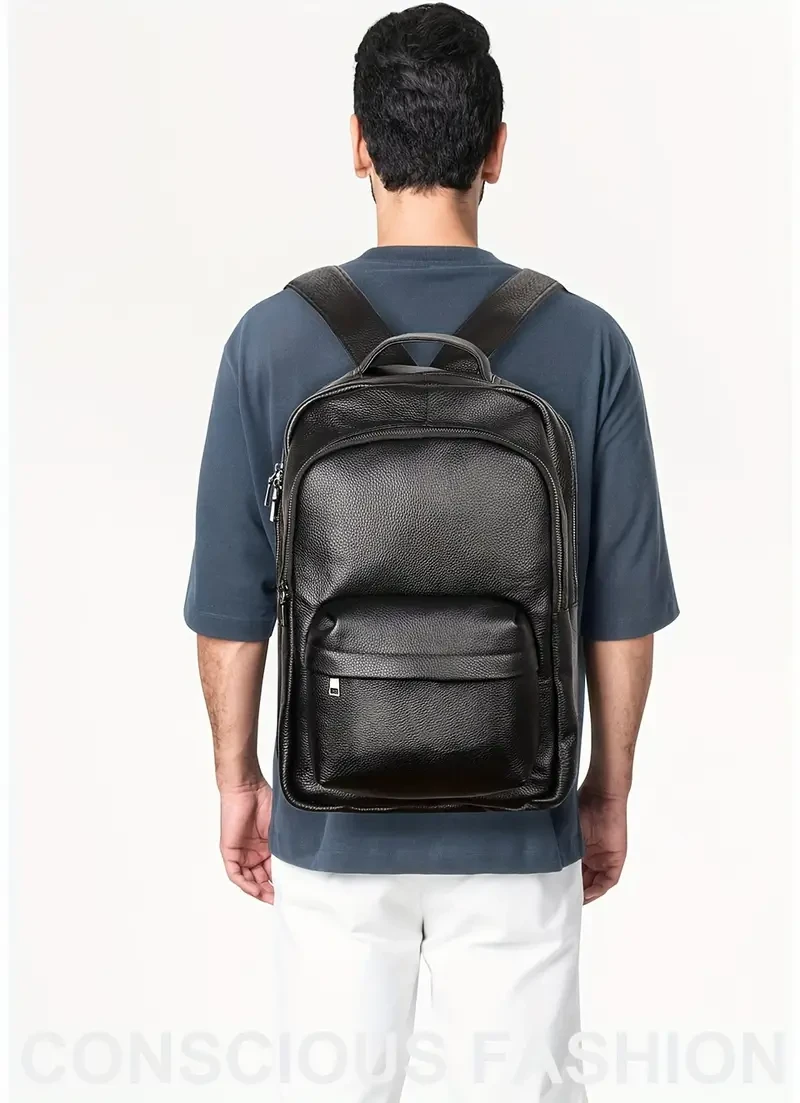 1pc HUMERPAUL Genuine Top-Grain Leather Backpack for Men - Casual Travel Messenger Shoulder Bag with Multi Pockets for Going Out