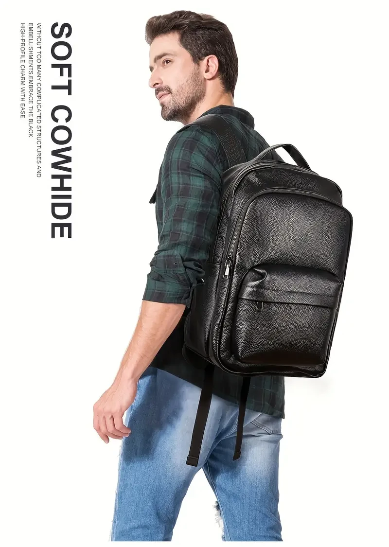 1pc HUMERPAUL Genuine Top-Grain Leather Backpack for Men - Casual Travel Messenger Shoulder Bag with Multi Pockets for Going Out