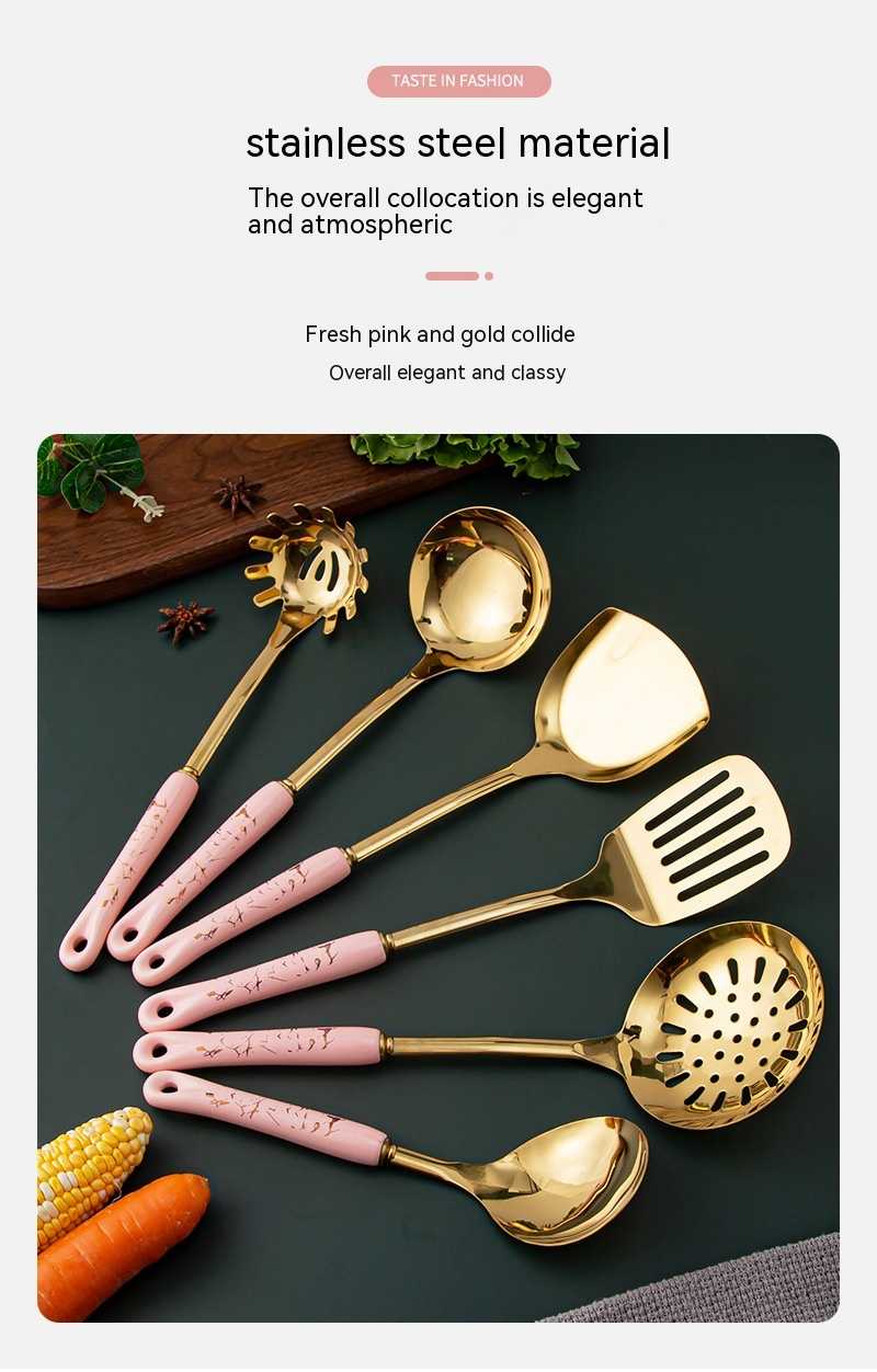 Light Luxury Kitchenware Cooking Seven-piece Ceramic Handle Stainless Steel Kitchen Supplies