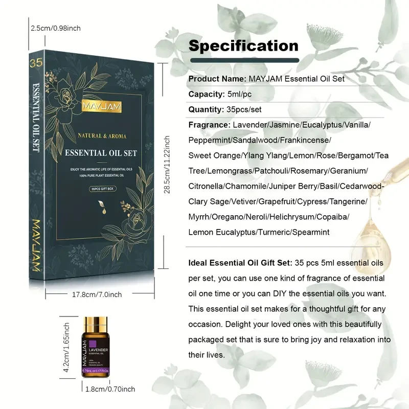 5ml*35 Alcohol-free Single Formula Essential Oil Body Massage Oil Gift Box Set Suitable for Diffuser, Humidifier, Candle and Soap Making, Christmas Gifts, Gifts to Relatives and Friends