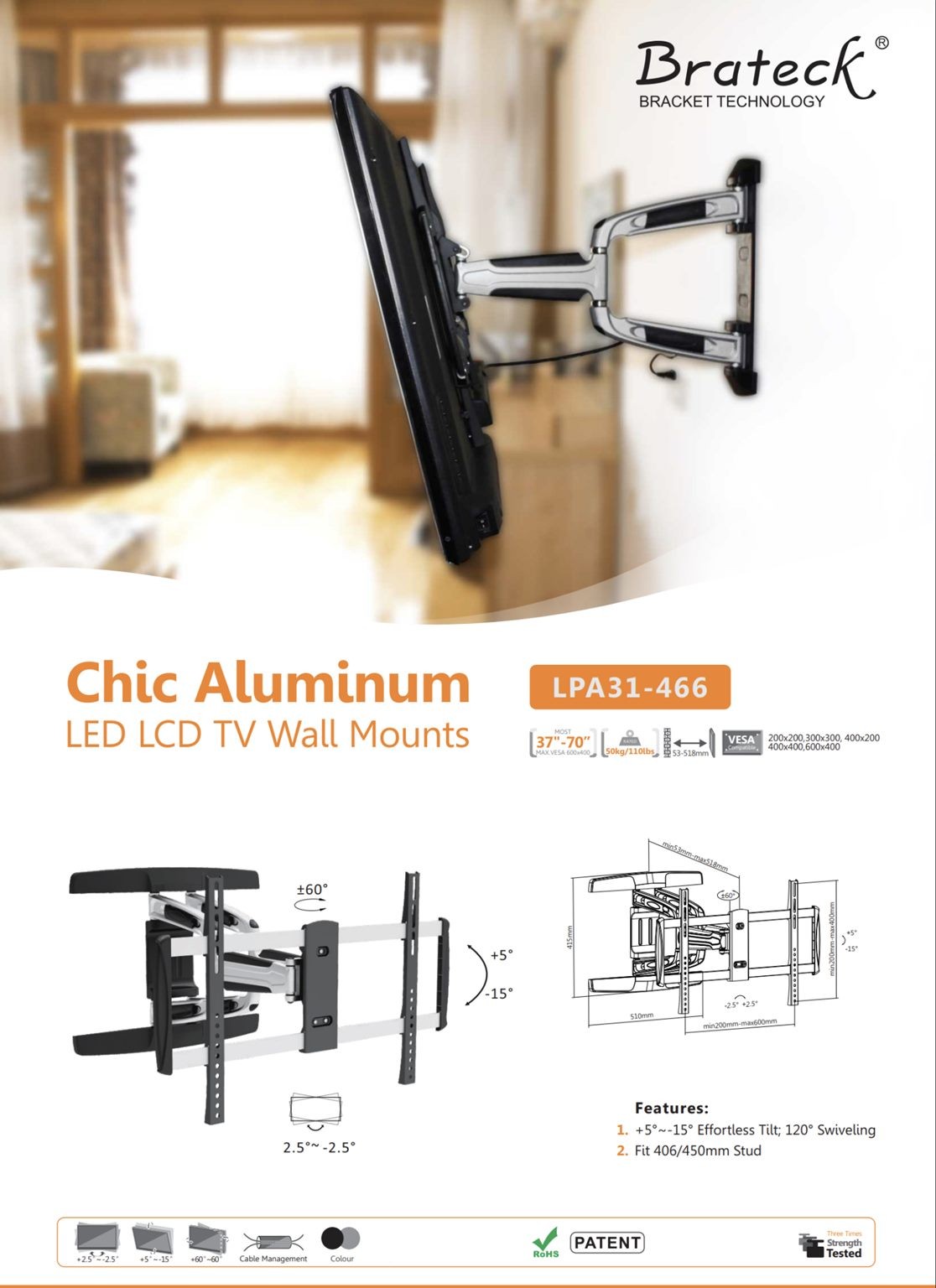 BRATECK 37''-70'' Full motion bracket Extend, tilt and swivel.