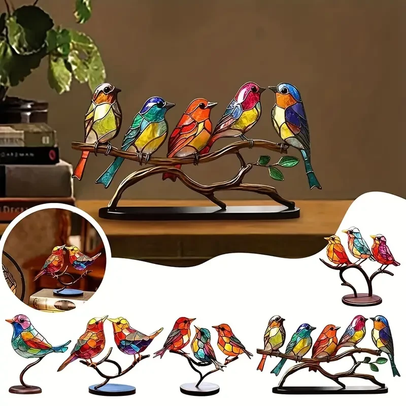 Metal Colorful Bird Tree Branch Ornament - Lifelike Hummingbird Sculpture for Desktop or Bedroom