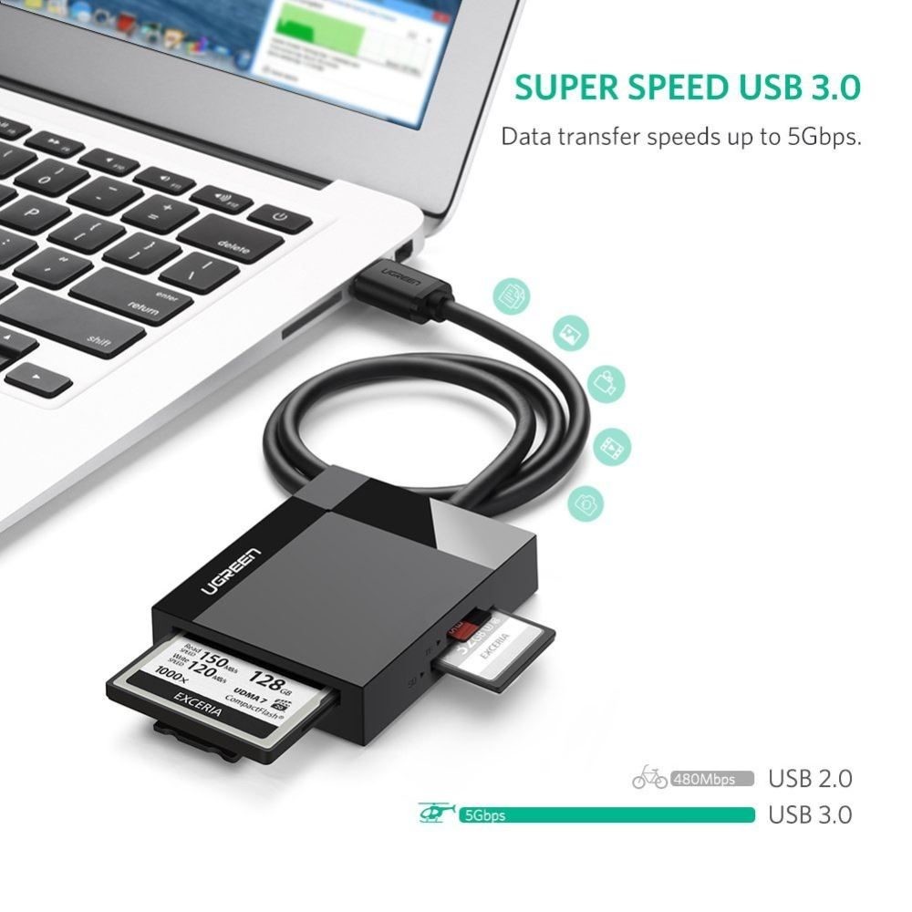 0.5M UGREEN SD TF CF MS Card Reader, USB 3.0 Adapter Read 4 Cards Simultaneously