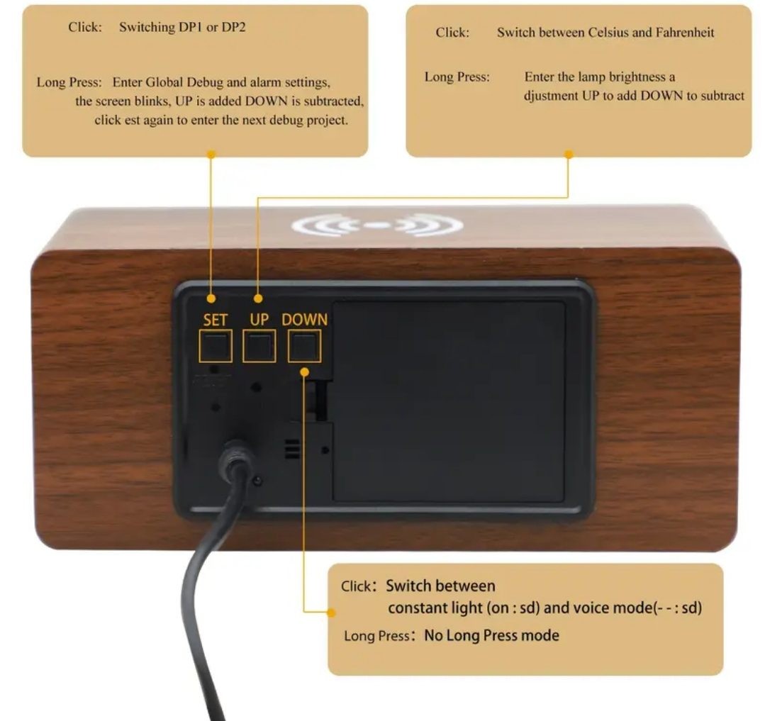 AWESOME WOODGRAIN ALARM CLOCK WITH WIRELESS CHARGER AT TOP , USB POWERED