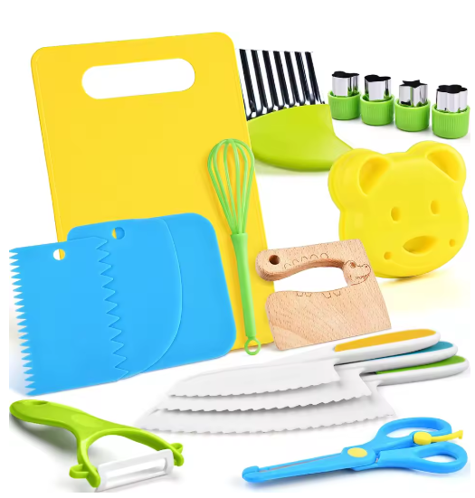 17PCS Kids Cooking sets Real Cooking Montessori Kitchen Tools for Toddlers Kids Safe Knives for 2/3/4/5/6/7/8 Year Old