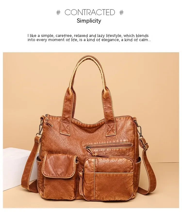 Stylish Retro Minimalism Handbag Women's Casual And Lightweight Washed Leather All-match Shoulder Bag