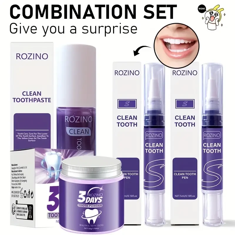 Purple 4pcs Dental Care Set: Toothpaste, Powder & Whitening Pen