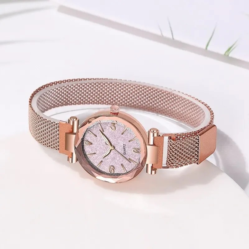 Simple Rose Gold Mesh Belt Magnetic Quartz Wrist Watch