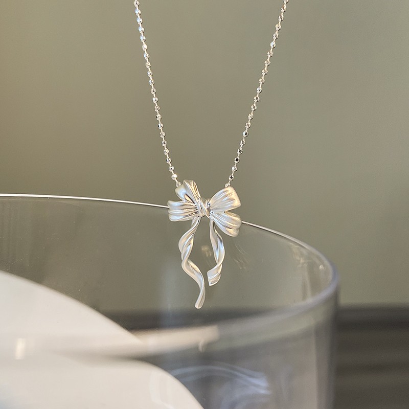 New S925 Sterling Silver Elegant Bow Pendant Necklace