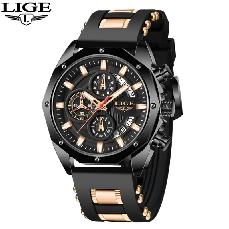 LIGE Men's Luxury Silicone Strap Waterproof Sport Quartz Watch - Chronograph Military Clock