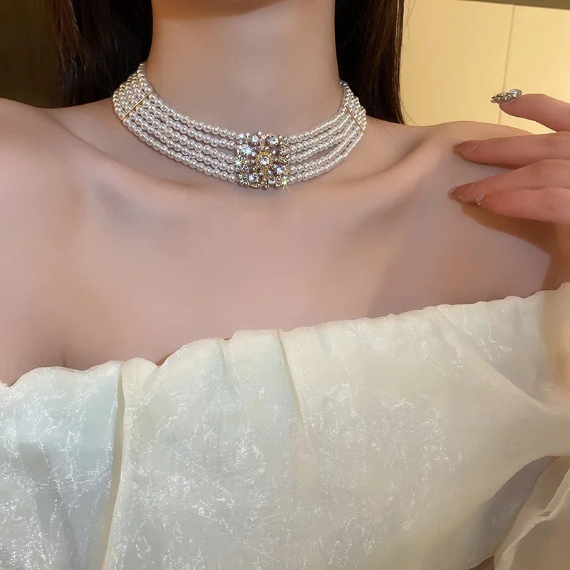 FYUAN Korean Style Multilayer Pearl Choker Necklace