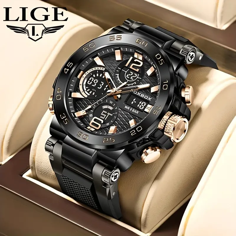 LIGE Men's 50M Waterproof Dual Display Watch - Quartz Military Sports Watch with Alarm Clock