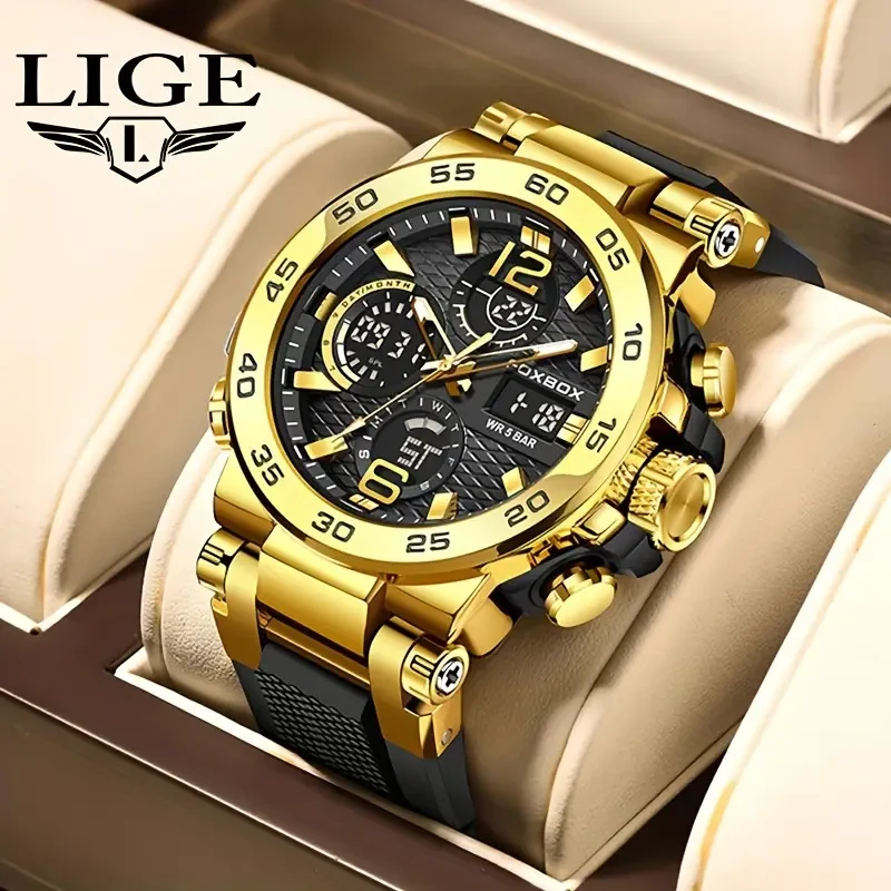 LIGE Men's 50M Waterproof Dual Display Watch - Quartz Military Sports Watch with Alarm Clock