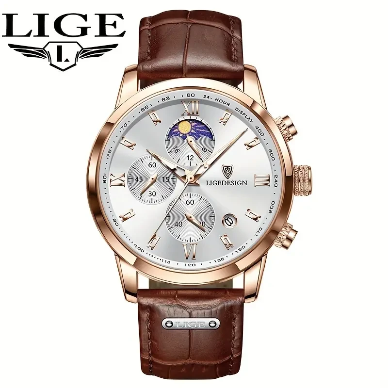 LIGE Men's Watch with Leather Strap - Outdoor Sports Waterproof Chronograph with Luminous Calendar