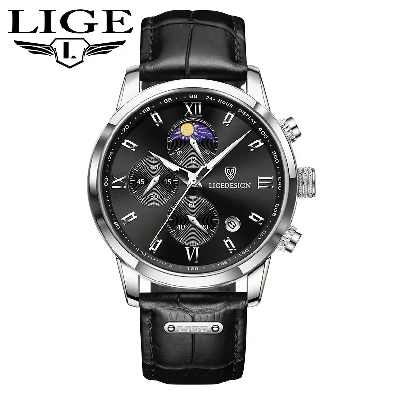 LIGE Men's Watch with Leather Strap - Outdoor Sports Waterproof Chronograph with Luminous Calendar
