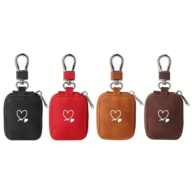 Luxury Heart Pattern Faux Leather Carrying Case for AirPods - Small, Portable, Protective Earphone Storage Pouch with Mesh Pocket & Keychain - Perfect for Wireless Headphones and USB Cables