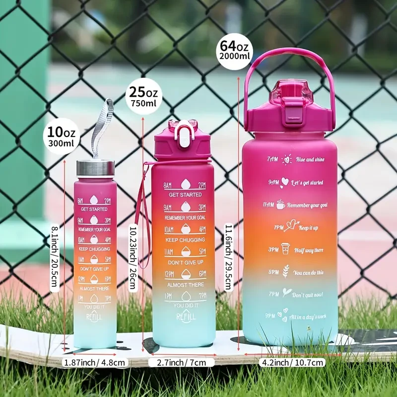 3-Piece Gradient Water Bottle Set - BPA Free, Leakproof & Time Marked