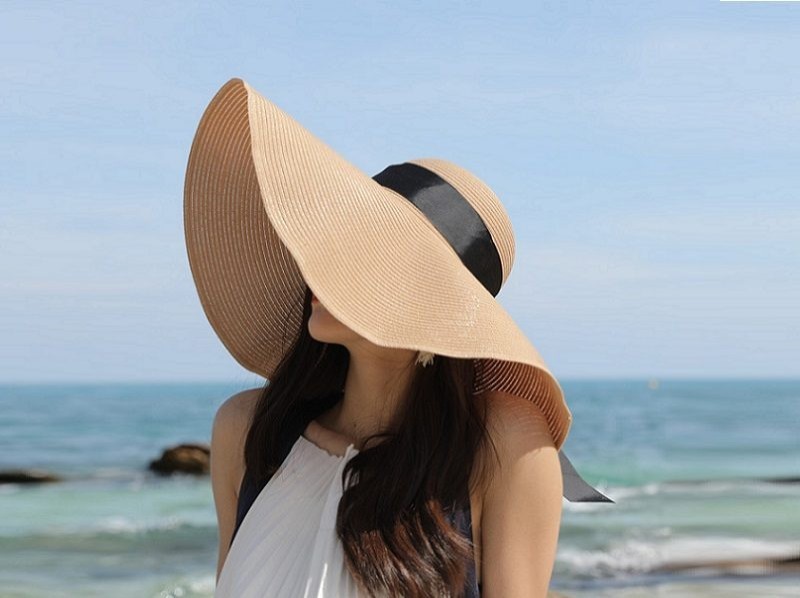 Khaki- 16cm Wide Brim Women Lady Sun Straw Hat Floppy Derby Summer Beach Cap