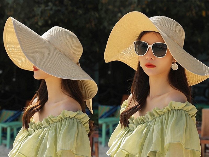 Beige- Women Lady Sun Straw Hat Wide Large Brim Floppy Derby Summer Beach Cap