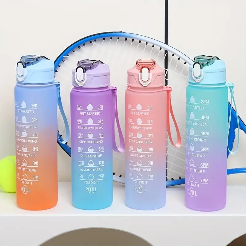 Gradient Color Motivational Water Bottle - Time Marker, Leakproof Design with Fun Stickers