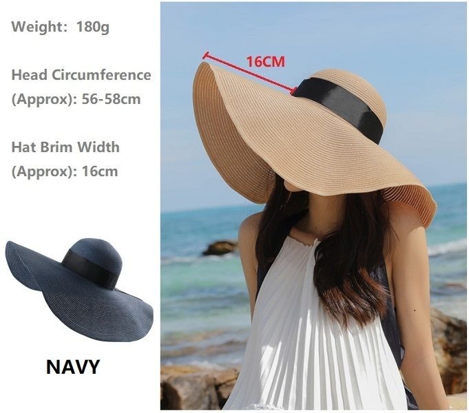 Navy- 16cm Wide Brim Women Lady Sun Straw Hat Floppy Derby Summer Beach Cap