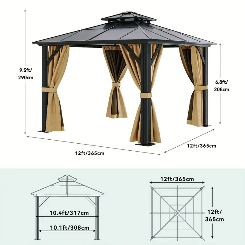Balconera Gazebo - Polycarbonate Hardtop Double Roof Canopy with Netting and Shaded Curtains, Aluminum Frame (10x12ft, 12x12ft, 12x14ft, 12x16ft)