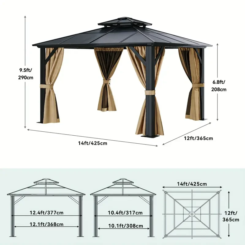 Balconera Gazebo - Polycarbonate Hardtop Double Roof Canopy with Netting and Shaded Curtains, Aluminum Frame (10x12ft, 12x12ft, 12x14ft, 12x16ft)