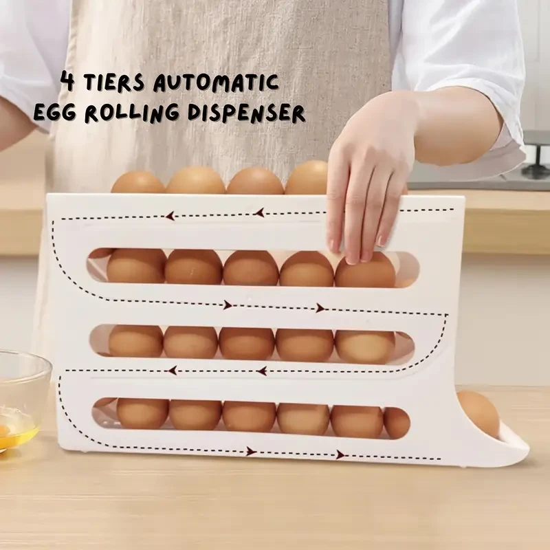 Automatic Rolling Egg Rack - Space-Saving Kitchen Egg Organizer and Dispenser