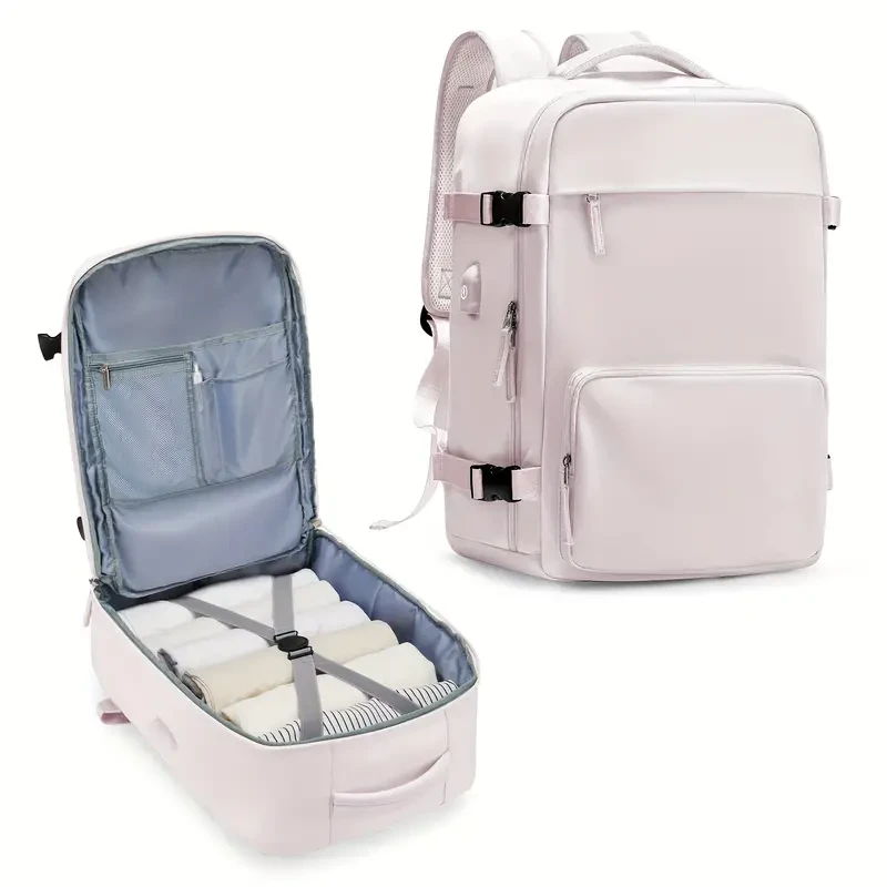 Casual Travel Portable Luggage Backpack with USB Charging Port & Trolley Strap - For Men and Women