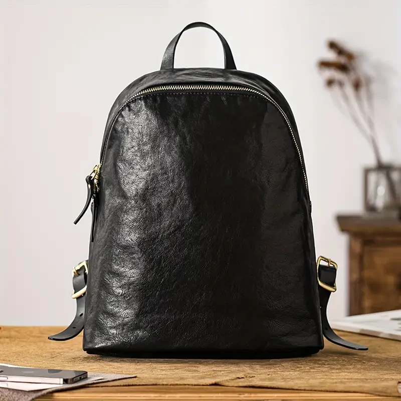 Vintage Style Waterproof Cowhide Men's Backpack - Trendy Retro Leather Bag for Travel and Commute