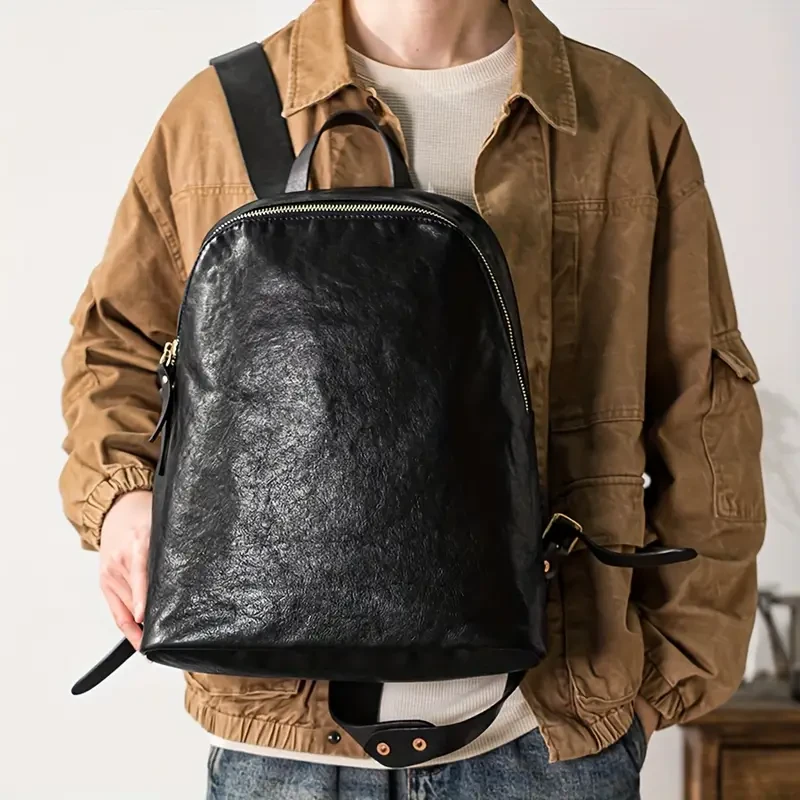 Vintage Style Waterproof Cowhide Men's Backpack - Trendy Retro Leather Bag for Travel and Commute