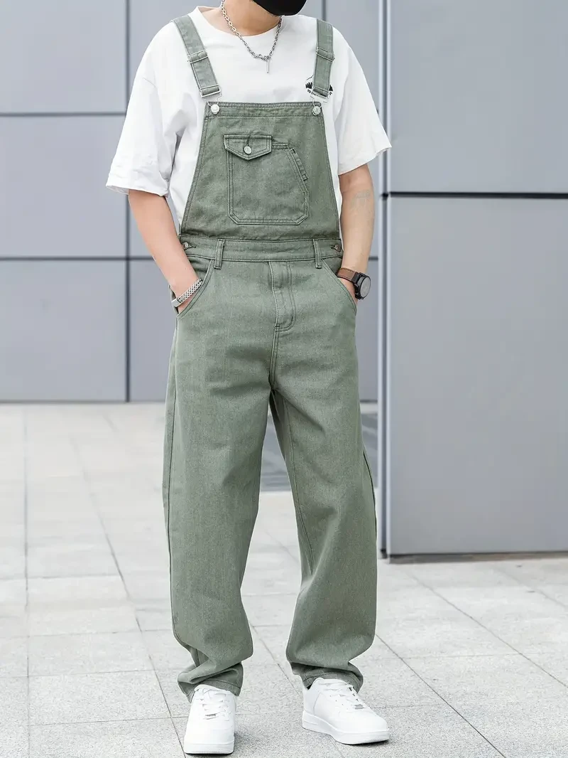 Men's All-Season Green Denim Bib Overalls - Loose, Casual Streetwear