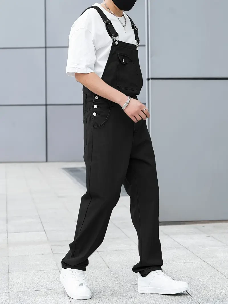 Men's All-Season Green Denim Bib Overalls - Loose, Casual Streetwear