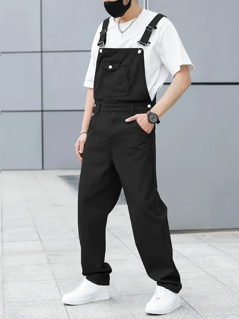 Men's All-Season Green Denim Bib Overalls - Loose, Casual Streetwear