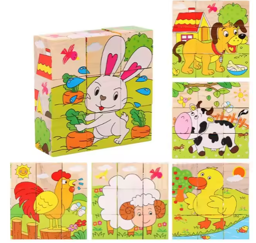 Wooden Six Sided 3D Cube Jigsaw Puzzles Children Kids Toys Animal Fruit Traffic Cognize Early Learning Educational Toys Fun Game