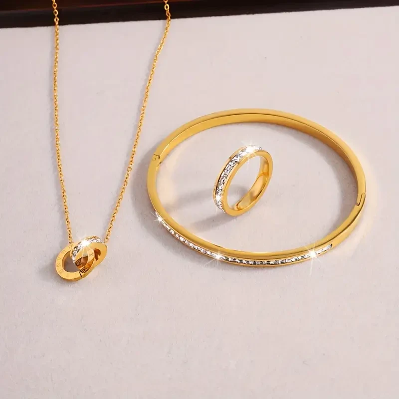 Stainless Steel Single Row Rhinestone Necklace Bracelet Ring Set