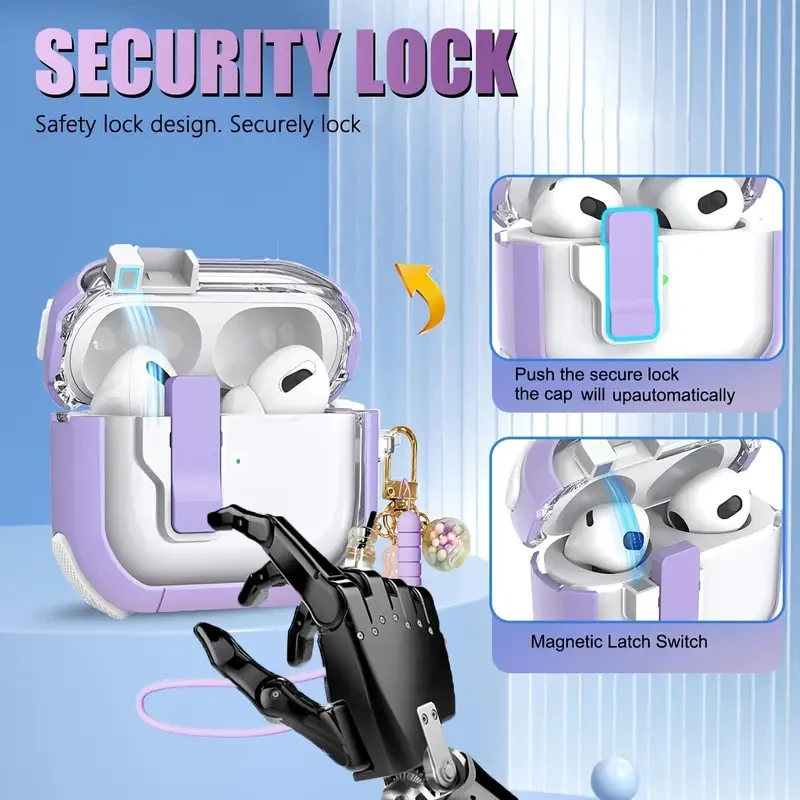 TPU Secure Lock Clip Case Compatible with Apple for Airpods 4 3 Pro Automatic Magnetic Snap for Switch Secure Lock Clear Protective Case with Fashion Cute Candy Keychain & Lanyard for Airpods 1 2 Pro2 Protective Cover Case with Hiking Buckle Carabiner, Id