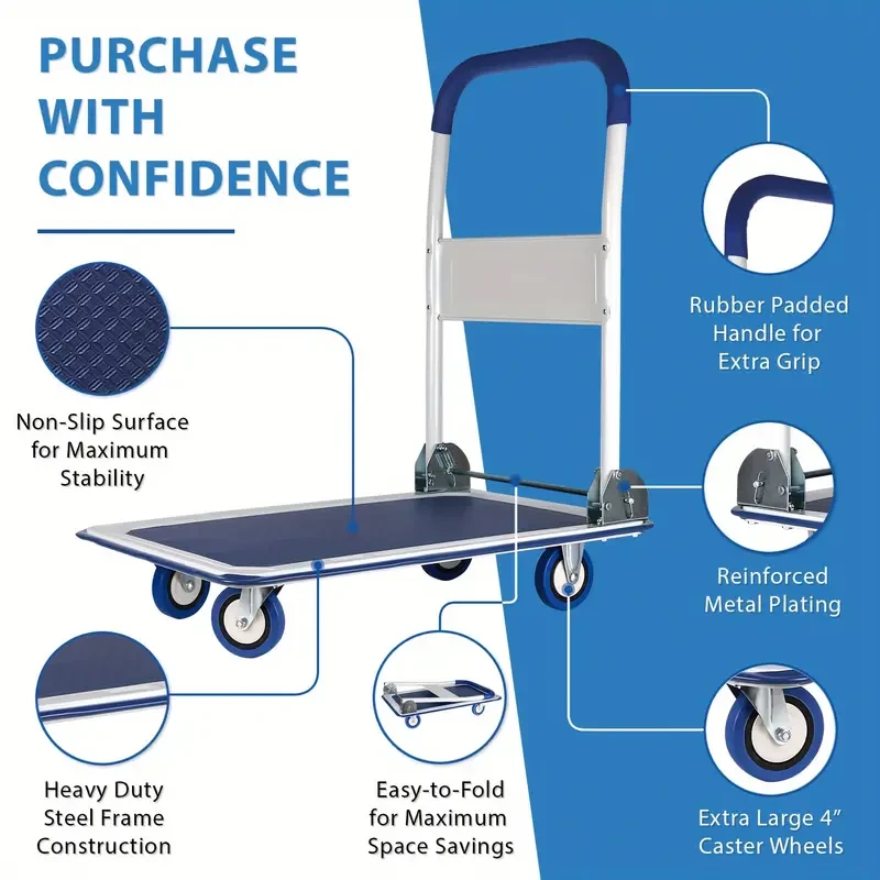 Upgraded Foldable Push Cart Dolly - 330 lbs Capacity