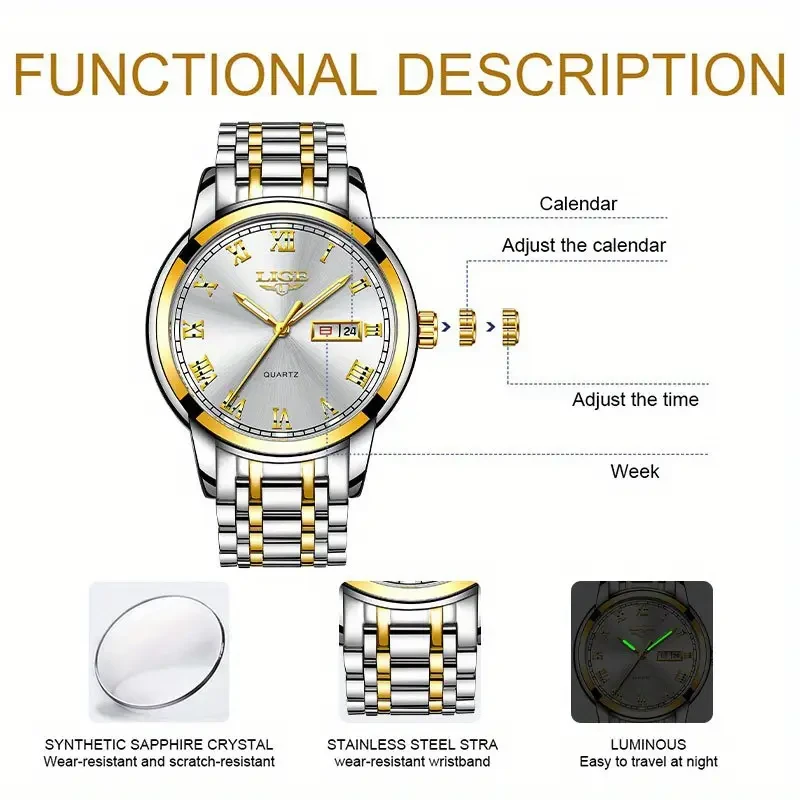 LIGE Luxury Brand Stainless Steel Gold Watch Women