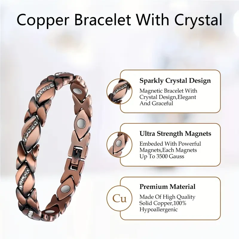 Elegant Pure Copper Bracelet for Women -  Ultra Magnetic with 3500 Gauss Magnets (Includes Sizing Tool)