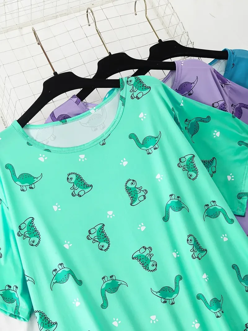 Women's Plus Size Cute Animal Print T-Shirt Sleep Dress 3pcs