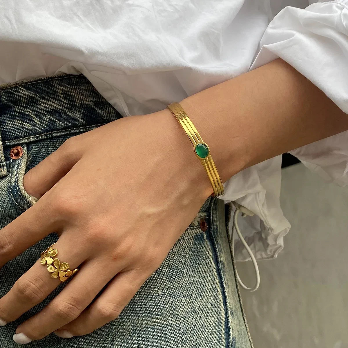 Stainless Steel Green Agate Thread Bracelet Fashion