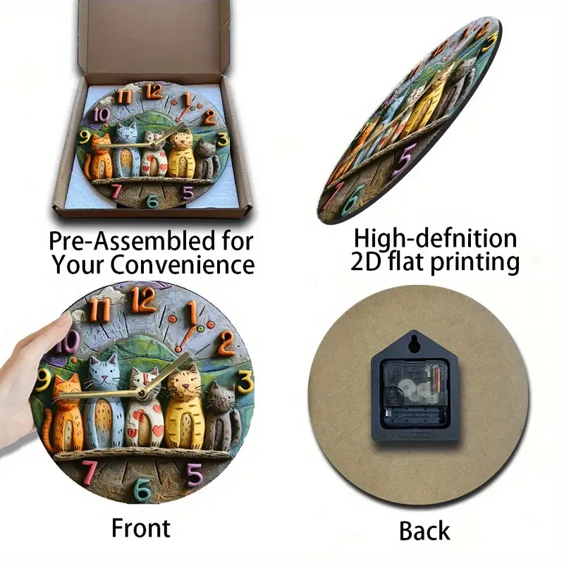 Decorative 2D 8 Inch Whimsical Adorable Cats Quartz Wall Clock -  Perfect Gift for Cat Lovers