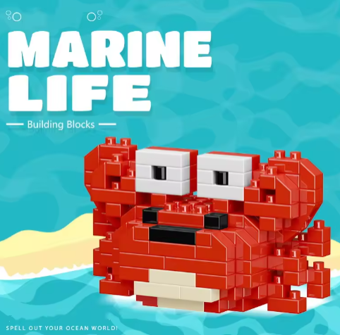 New marine life series building blocks turtle, beluga, seahorse, crab, octopus, shark, clown fish, killer whale assembled toys1