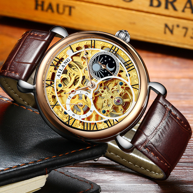 Gold Hollow Movement Men's Fashion Automatic Mechanical Watch Leather Business Men's Watch
