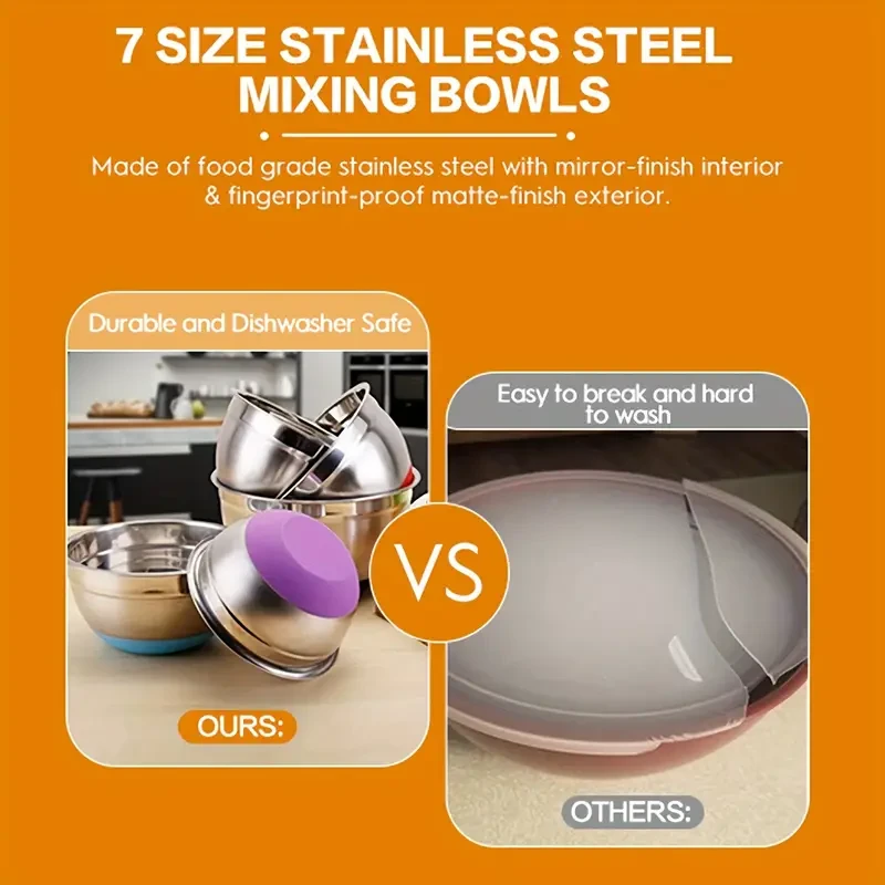 18pcs Stainless Steel Mixing Bowls Set with Airtight Lids - Non-slip Silicone Bottom