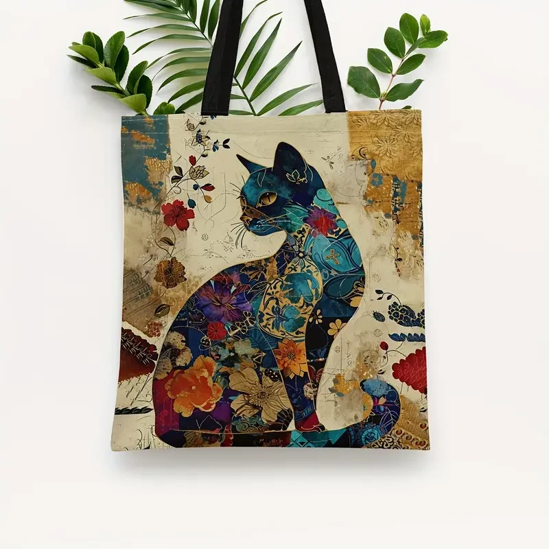 Spacious Chic Cat Cartoon Print Canvas Durable & Stylish Shoulder Bag for Women